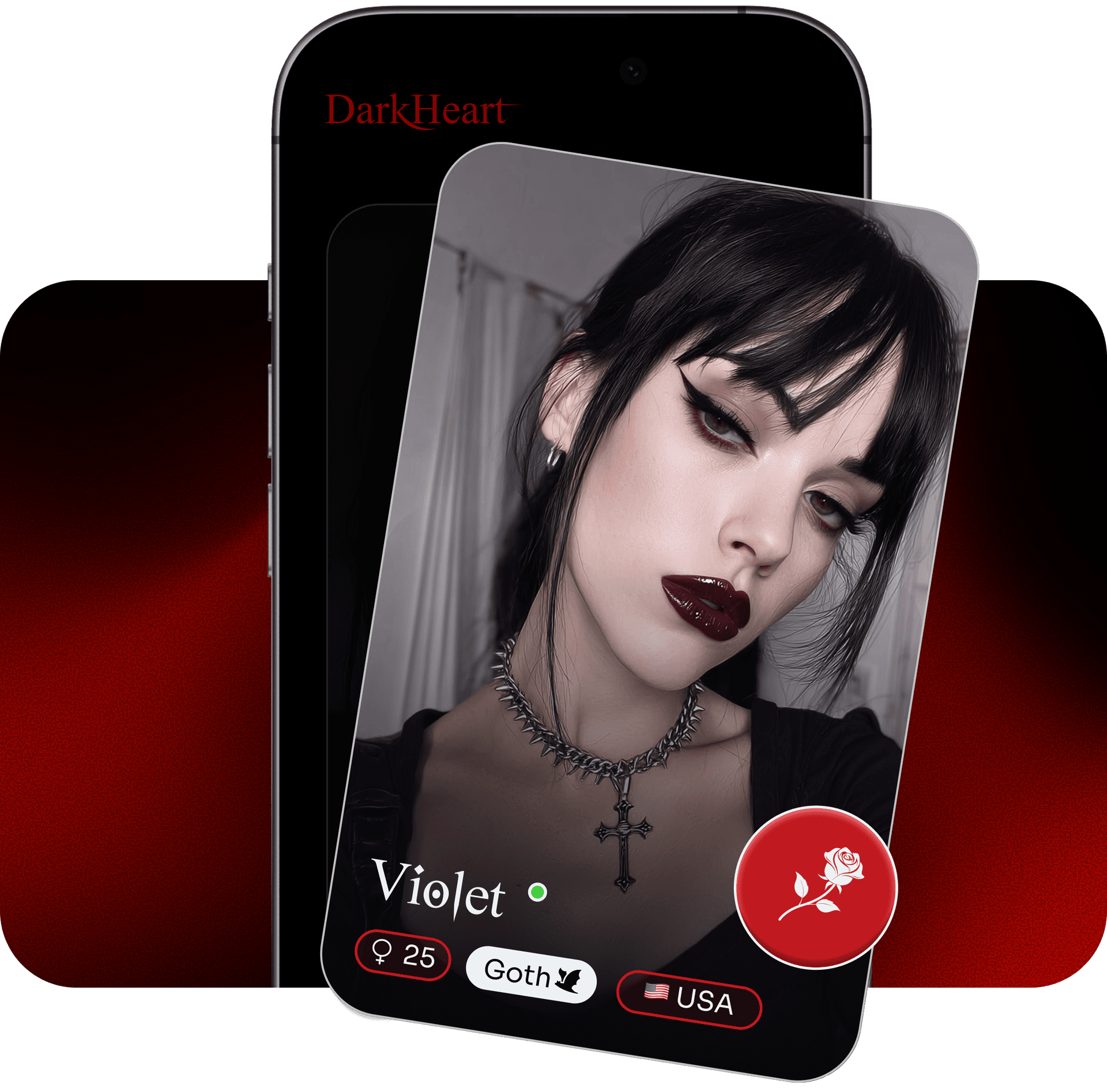 DarkHeart app showing Violet's profile — loved by alternative souls