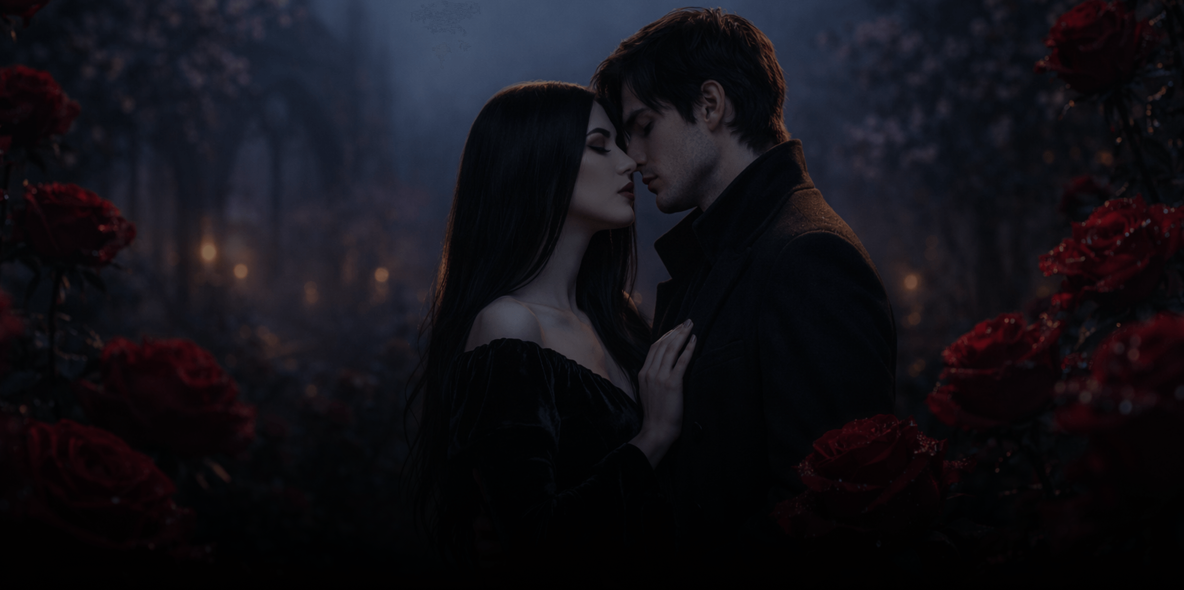 A gothic couple surrounded by red roses — Date Your Darkness dating app