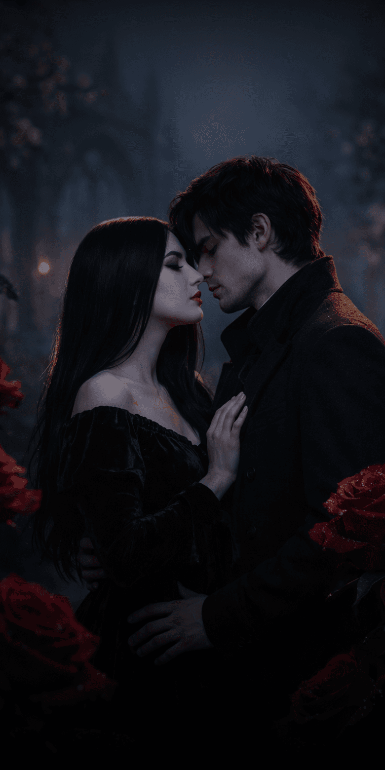 A gothic couple surrounded by red roses — Date Your Darkness dating app